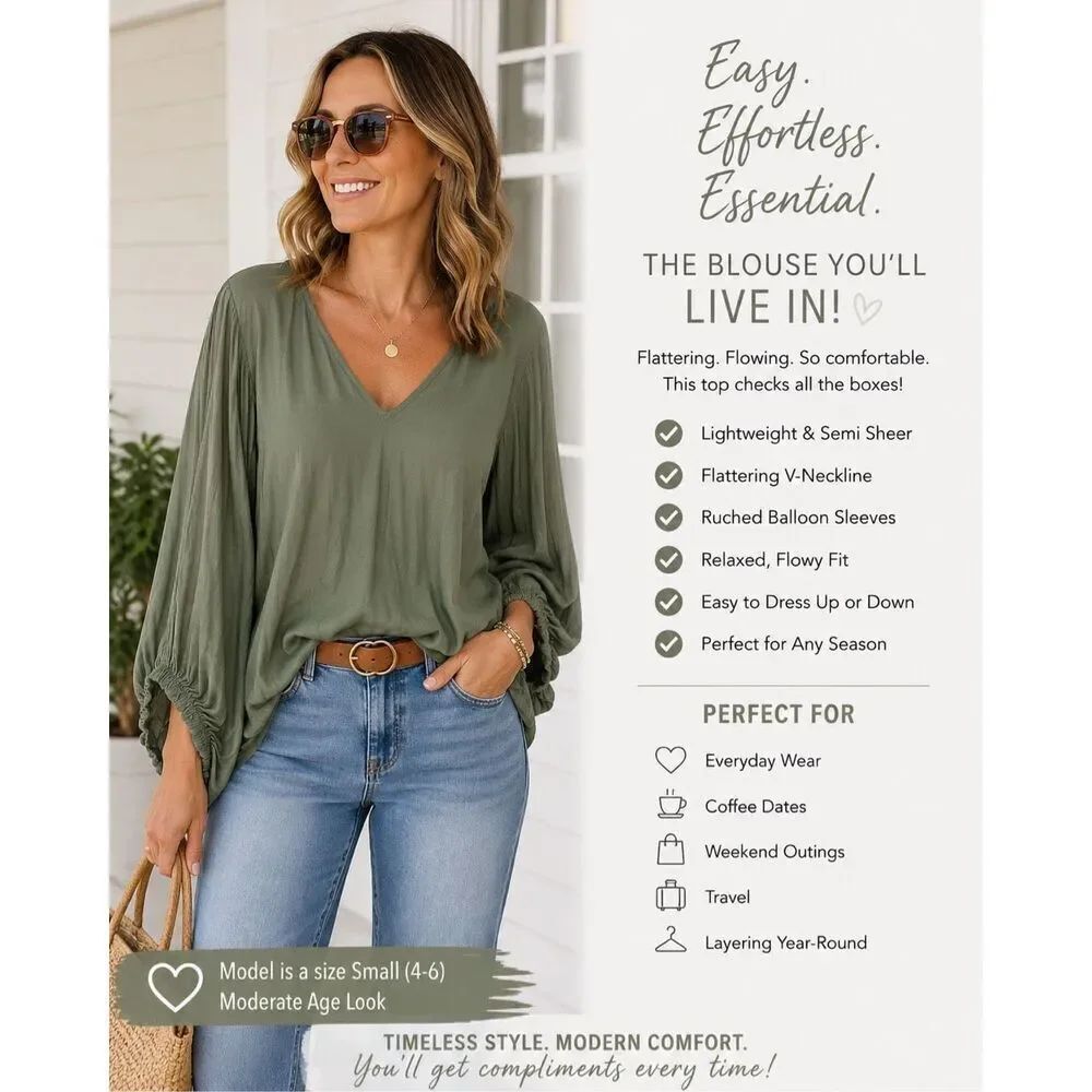 Mustard Seed Sage Green Oversized Blouse Small V-Neck Balloon Sleeve Boho Top B-